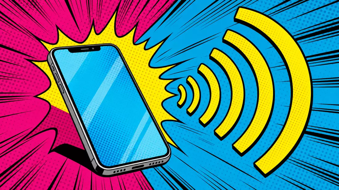 Pop-Art-Comic-Illustration im Roy-Lichtenstein-Stil eines generischen Smartphones mit kräftigen 5G-Signalwellen in Magenta, Cyan, Gelb und Schwarz mit Halbton-Punktmuster