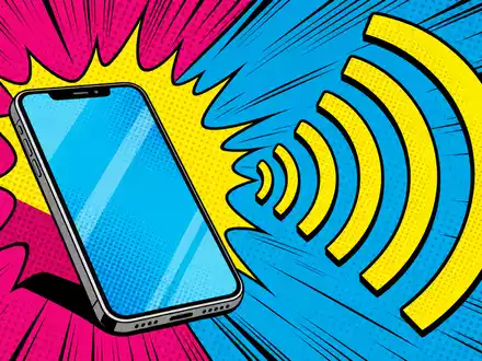 Qualcomm US7475251036 Pop Art Comic Smartphone sendet 5G Signalwellen mit Halbton Punkte Muster - Foto: THN