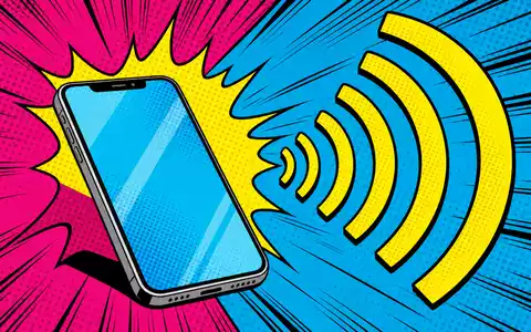 Qualcomm US7475251036 Pop Art Comic Smartphone sendet 5G Signalwellen mit Halbton Punkte Muster - Foto: THN