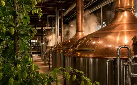 Kupferne Sudkessel mit Hopfenpflanzen zeigen die Braukunst von Anheuser-Busch InBev, ISIN BE0974293251, weltgrößter Brauerei-Konzern - Foto: THN