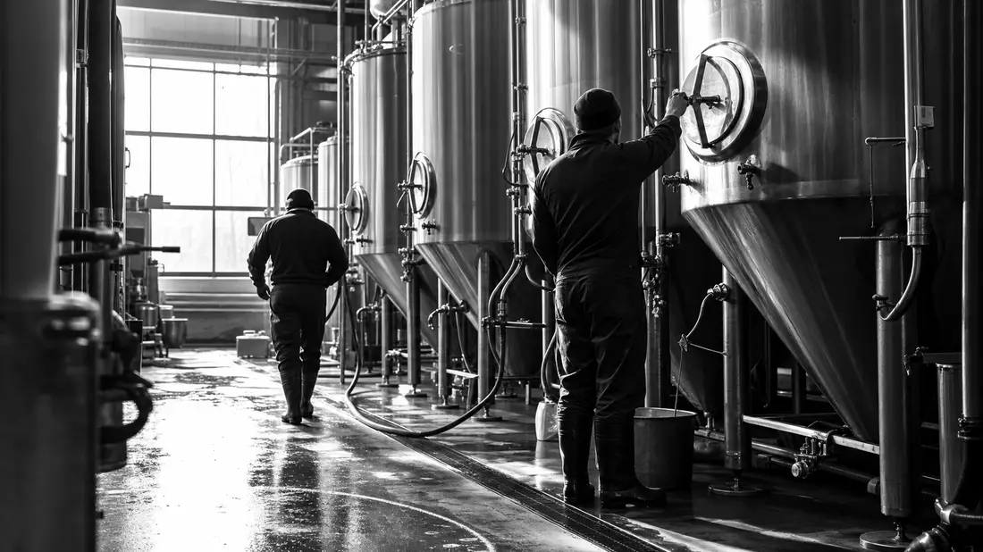 Schwarzweißes Dokumentarfoto von Arbeitern an Gärtanks in Brauerei