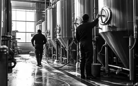 Schwarzweiß-Reportage zeigt Brauereiarbeiter an Gärtanks, dokumentiert Produktion bei Anheuser-Busch InBev, ISIN BE0974293251, weltgrößter Brauerei-Konzern - Foto: THN