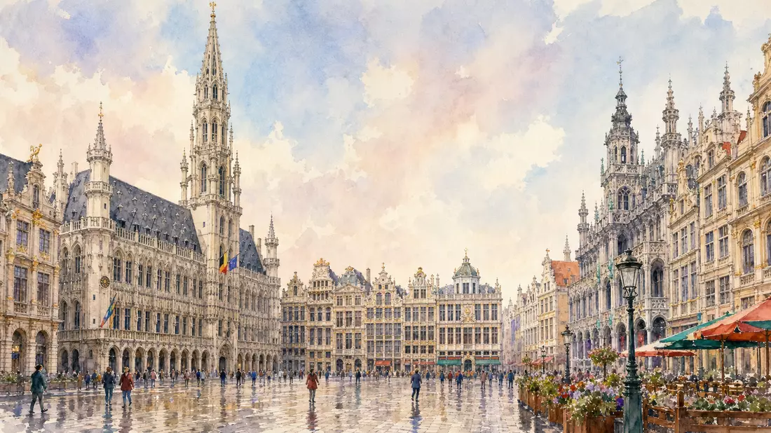 Aquarellmalerei des Brüsseler Grand Place mit historischer Architektur