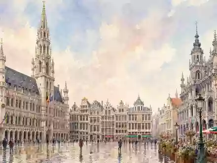 Aquarell-Ansicht des Brüsseler Grand Place symbolisiert den Firmensitz von Anheuser-Busch InBev, ISIN BE0974293251, weltgrößter Brauerei-Konzern - Foto: THN