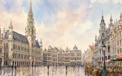 Aquarell-Ansicht des Brüsseler Grand Place symbolisiert den Firmensitz von Anheuser-Busch InBev, ISIN BE0974293251, weltgrößter Brauerei-Konzern - Foto: THN