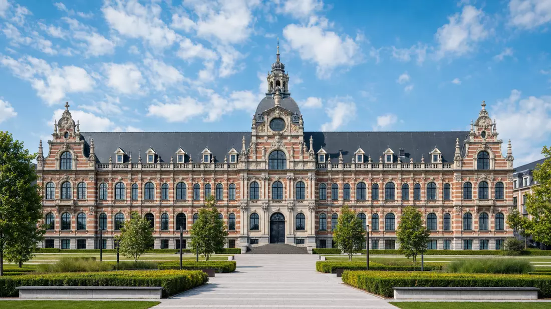 Architekturweitwinkelaufnahme eines prachtvollen historischen europäischen Unternehmenssitzes in Leu