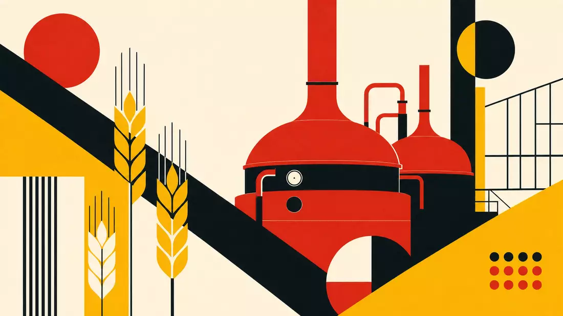 Bauhaus-Designposter mit geometrischer Abstraktion einer Brauerei, fette Primärfarben Rot Gelb Schwa