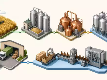 Isometrische 3D-Grafik zeigt die Wertschöpfungskette der Bierproduktion von Anheuser-Busch InBev, ISIN BE0974293251 - Foto: THN