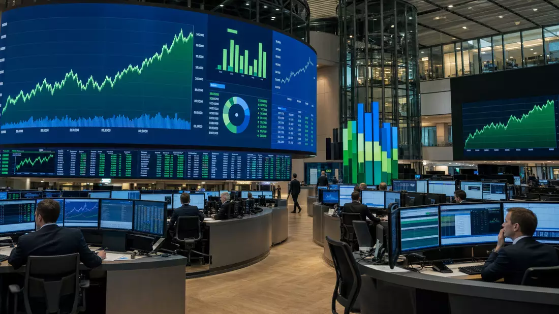 Trading-Floor mit großen Bildschirmen und Aktienkursen im Börsensaal
