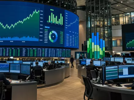 Belebter Börsenhandelsraum mit großen Kurscharts symbolisiert die Euronext-Notierung von Anheuser-Busch InBev, ISIN BE0974293251 - Foto: THN