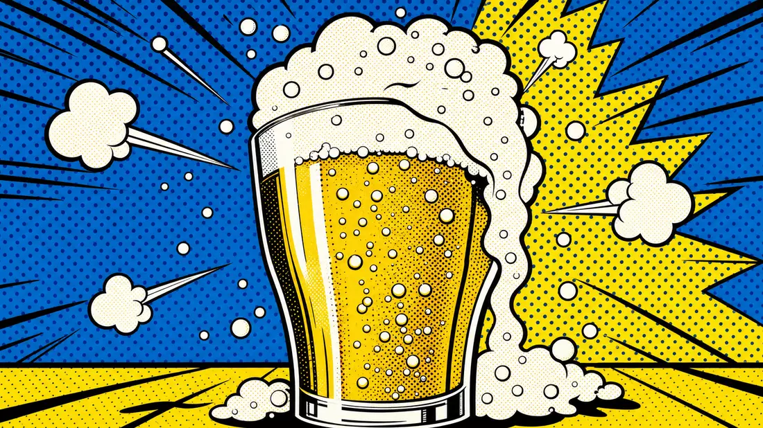 Kühner Pop-Art-Comic im Roy-Lichtenstein-Stil, übergroßes überquellendes Bierglas mit goldenem Lager