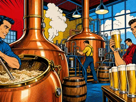 Farbenfrohe Pop-Art-Comic-Szene aus einer Brauerei illustriert humorvoll das Geschäft von Anheuser-Busch InBev, ISIN BE0974293251 - Foto: THN