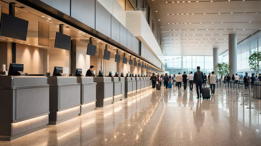Fotorealistischer Blick auf eine lange Reihe unmarkierter Check-in-Schalter in einer hellen Flughafenhalle mit glänzendem Terrazzoboden und Reisenden im Hintergrund