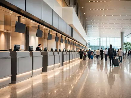 Amadeus ES0113900J37 fotorealistischer Blick auf generischen Flughafen Check in Schalter ohne Airline Branding - Foto: THN