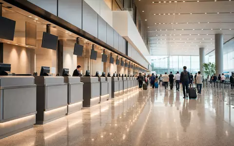 Amadeus ES0113900J37 fotorealistischer Blick auf generischen Flughafen Check in Schalter ohne Airline Branding - Foto: THN
