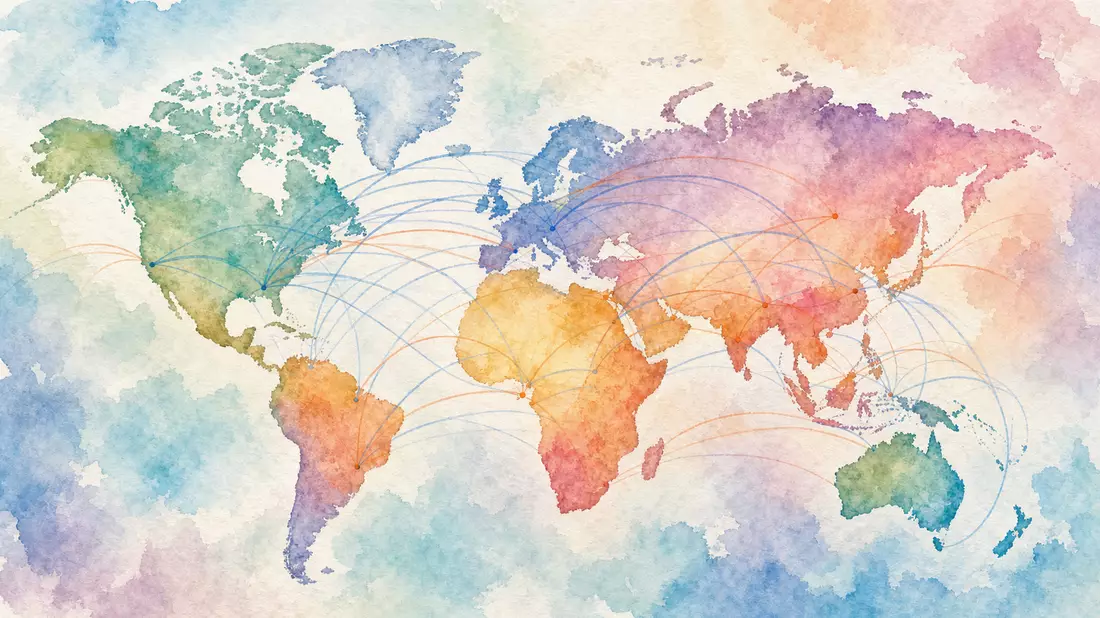 Handgemalte Aquarell-Weltkarte in zarten Pastellfarben mit transparenten Bogenlinien, die Kontinente verbinden und globale Flugrouten symbolisieren, ohne Beschriftungen oder Logos