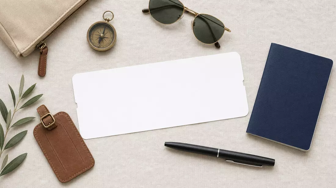 Flatlay-Draufsicht eines leeren weißen Boardingpasses, eines Passes ohne Beschriftung, eines Stifts und kleiner Reiseutensilien auf hellem Leinenstoff mit weichem Studiolicht von oben