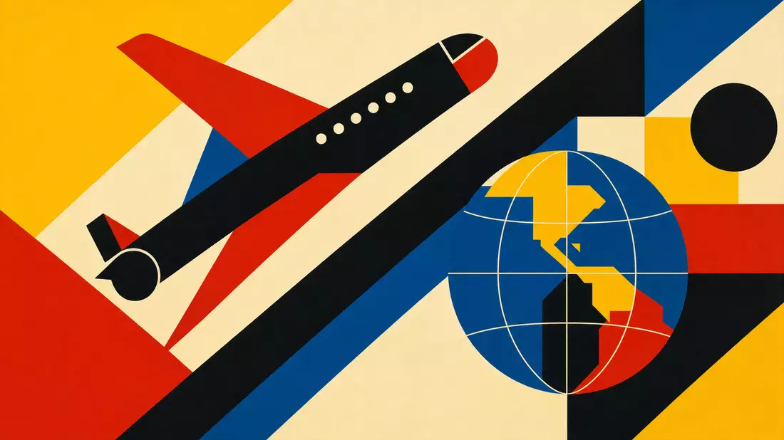Bauhaus-Grafikdesign-Poster im Stil der 1920er-Jahre mit kräftigen Primärfarben Rot, Gelb, Blau und Schwarz, geometrischer Flugzeugsilhouette und Globussymbol auf diagonaler Komposition ohne Text