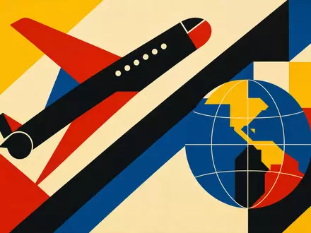 Amadeus ES0113900J37 abstraktes modernistisches Bauhaus Poster Flugzeug und Globus in kräftigen Primärfarben - Foto: THN
