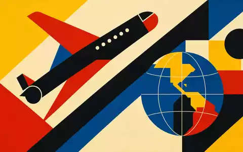 Amadeus ES0113900J37 abstraktes modernistisches Bauhaus Poster Flugzeug und Globus in kräftigen Primärfarben - Foto: THN