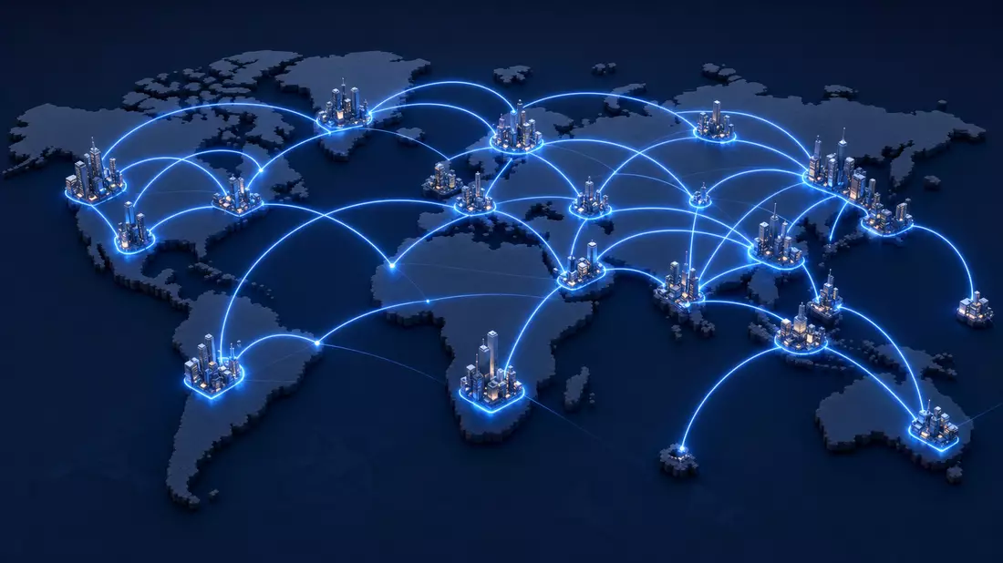 Isometrische 3D-Darstellung eines globalen Luftverkehrsnetzes mit leuchtend blauen Bogenlinien zwischen miniaturisierten Stadtclustern auf dunkelblauer Weltkarte, ohne Beschriftungen oder Logos
