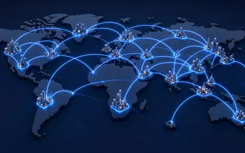 Amadeus ES0113900J37 vernetztes weltweit isometrisches 3D Netzwerk globaler Flugrouten in leuchtendem Neonblau - Foto: THN