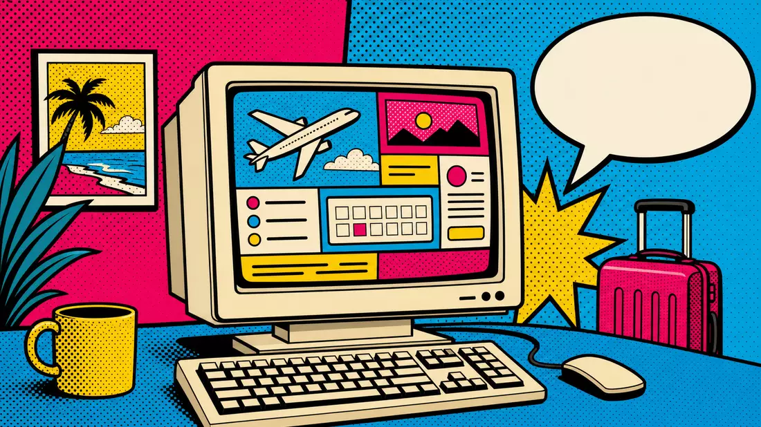 Pop-Art-Illustration im Lichtenstein-Stil mit Ben-Day-Rastermuster, buntem Retro-Computer-Monitor, der ein abstraktes Reisebuchungs-Dashboard zeigt, leerer Sprechblase und pinkfarbenem Reisekoffer
