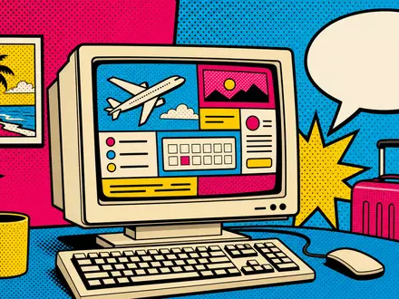 Amadeus ES0113900J37 buntes Pop Art Comic Retro Computer mit abstraktem Reisebuchungs Dashboard - Foto: THN