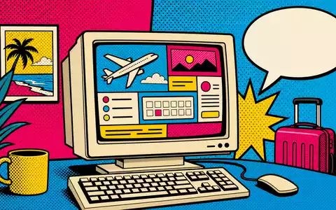 Amadeus ES0113900J37 buntes Pop Art Comic Retro Computer mit abstraktem Reisebuchungs Dashboard - Foto: THN