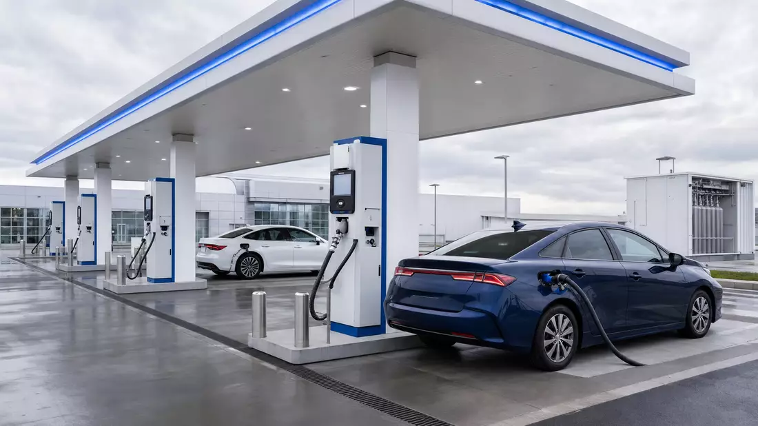 Fotorealistische Wasserstoff-Tankstelle mit modernen Zapfsäulen, blauen Akzenten und zwei Brennstoffzellen-PKW unter einem hellen Überdach bei bewölktem Tageslicht