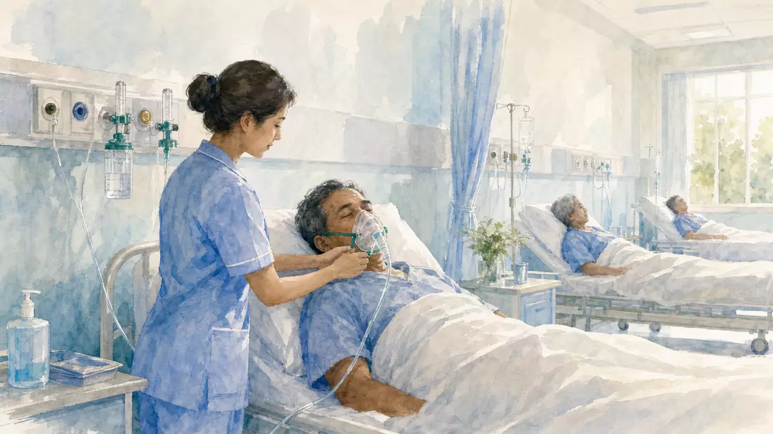 Aquarellgemälde einer Krankenhausstation, Pflegerin legt einem Patienten eine Sauerstoffmaske an, hellblaue und weiße Farbtöne, wandmontierte Gasanschlüsse erkennbar