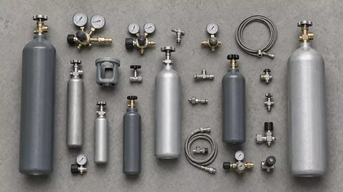 Flatlay-Draufsicht auf industrielle Stahl-Gasflaschen verschiedener Größen, Druckminderer, Manometer und Hochdruckarmaturen auf grauer Betonoberfläche