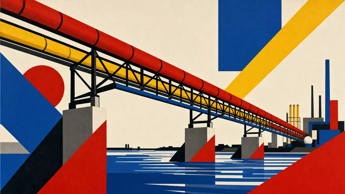 Bauhaus-Posterillustration einer Industriegas-Pipeline-Brücke über einem Fluss, geometrische Formen in Primärfarben Rot Gelb Blau, konstruktivistischer Stil