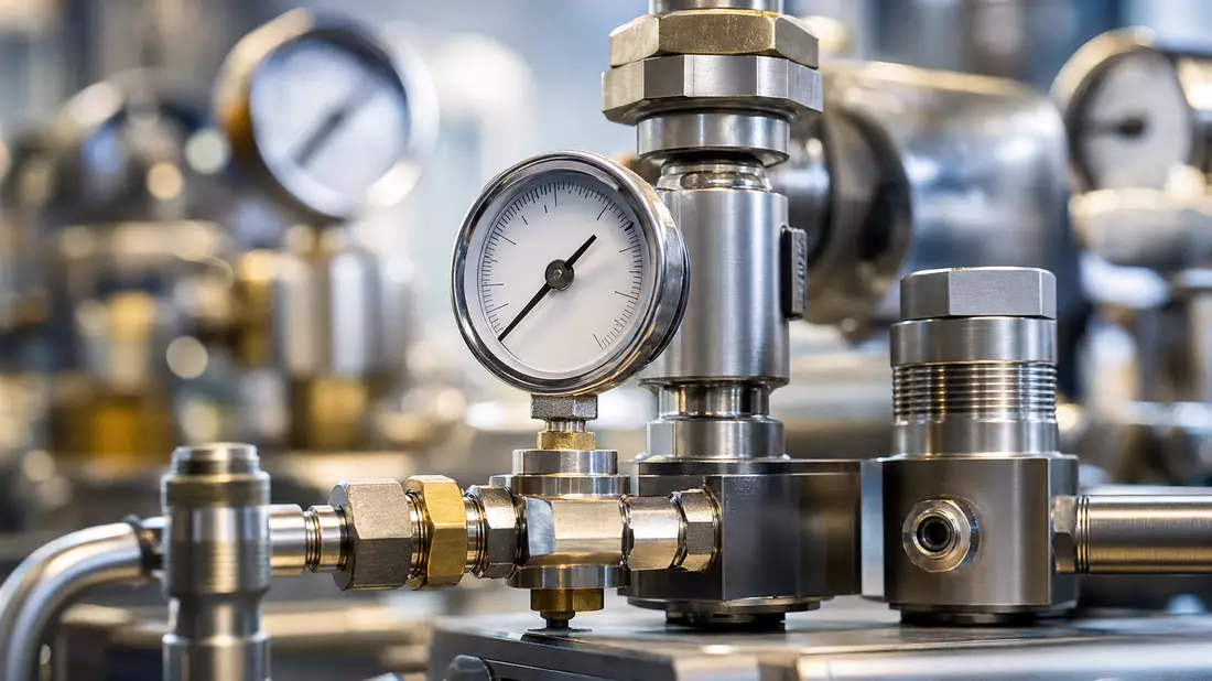 Extremmakroaufnahme von Hochdruck-Gasarmaturen aus poliertem Edelstahl und Messing, Manometer im Fokus, flache Tiefenschärfe mit unscharfem Industriehintergrund