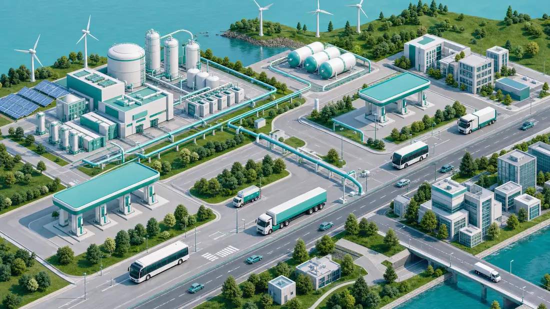 Isometrische 3D-Illustration eines Wasserstoff-Mobilitätsnetzwerks mit Produktionsanlage, Pipelines,