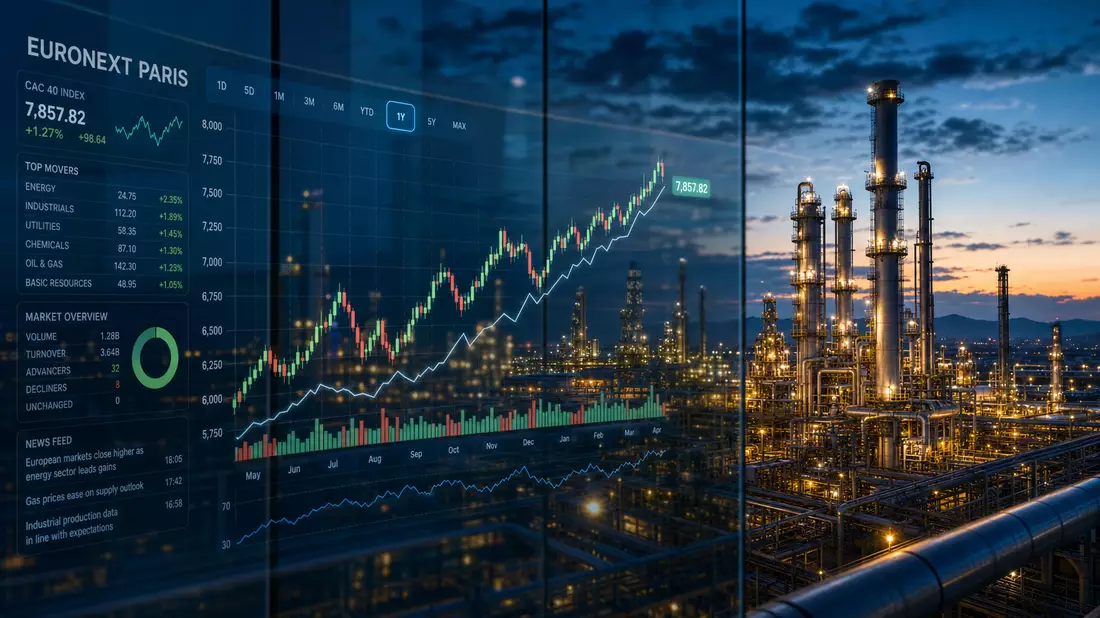 Börsen-Editorial-Fotomontage mit beleuchteter Industriegasanlage bei Dämmerung und transparentem Kur