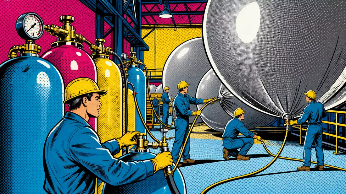 Pop-Art-Comic-Illustration von Industriearbeitern in blauen Overalls, die aus farbigen Gasflaschen riesige Heliumballons befüllen, Ben-Day-Rasterpunkte, kräftige Farben