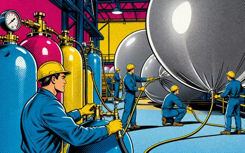 Air Liquide FR0000120628 füllt in dieser bunten Pop-Art-Illustration industrielle Heliumballons mit Hochdruck - Foto: THN