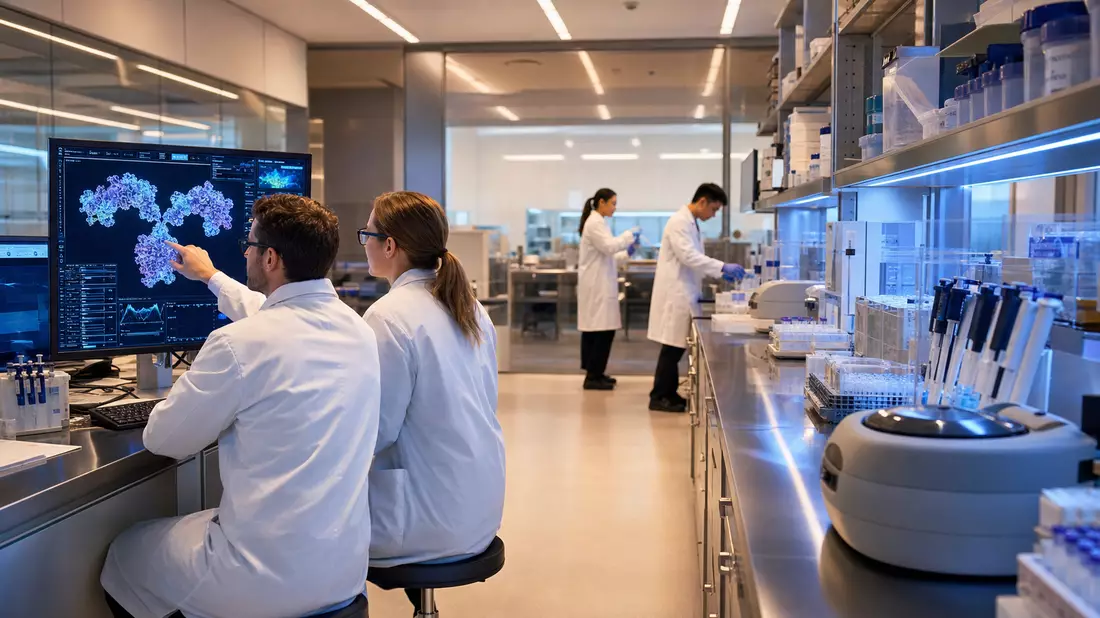 Fotorealistisches Laborpanorama: Wissenschaftler in weißen Kitteln begutachten leuchtende Antikörper-3D-Modelle auf Bildschirmen, Stahltische mit Laborgeräten im Hintergrund
