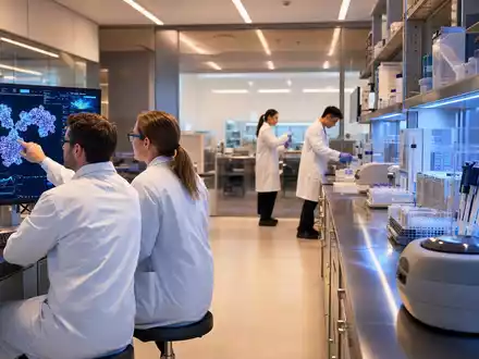 Argenx NL0010832176 Forscher analysieren im modernen Biopharma-Labor leuchtende Antikörper-Strukturen auf großen Monitoren - Foto: THN