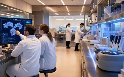 Argenx NL0010832176 Forscher analysieren im modernen Biopharma-Labor leuchtende Antikörper-Strukturen auf großen Monitoren - Foto: THN