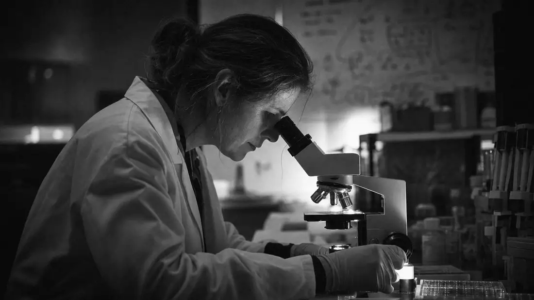 Schwarz-Weiß-Reportagefoto: Forscherin beugt sich konzentriert über ein Mikroskop im Immunologie-Lab