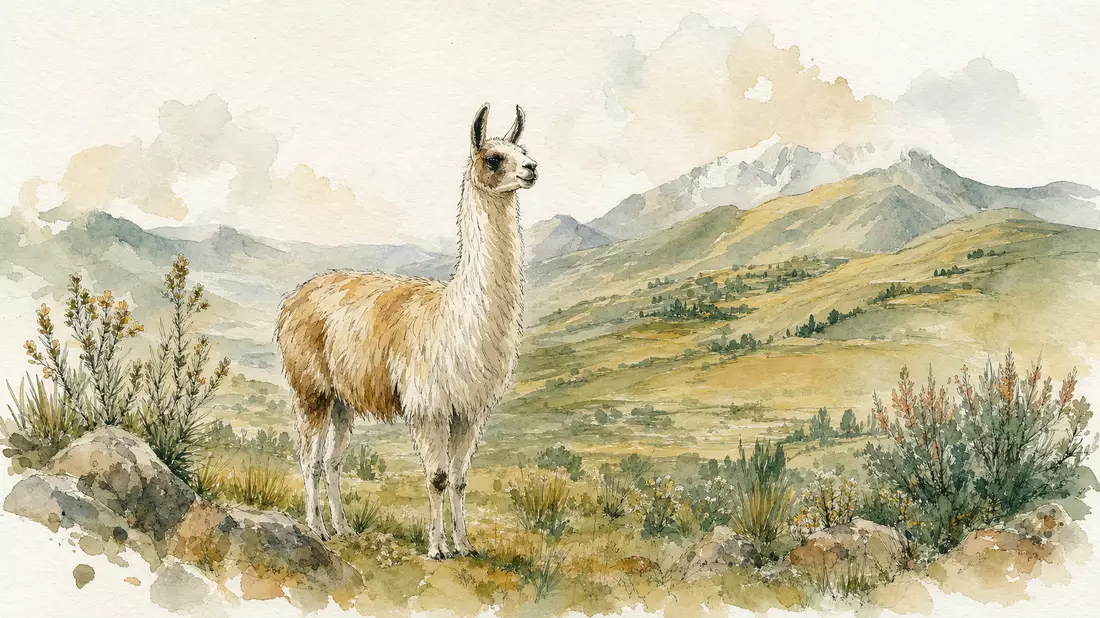 Aquarellmalerei eines Lamas in grüner Andenlandschaft, weiche Pastellfarben in Salbei und Ocker, impressionistische Botanik, weißes Papiertextur sichtbar