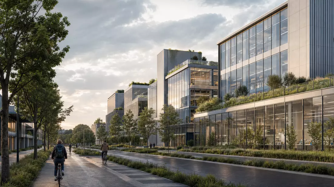 Architekturaufnahme eines modernen Biotechnologie-Campus in Belgien, Glas-Stahl-Gebäude mit Dachgärten, Radfahrer auf baumgesäumter Allee, nordeeuropäischer Himmel