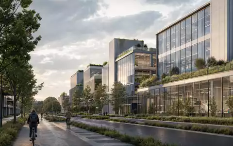 Argenx NL0010832176 moderner belgischer Biotech-Campus mit Glasfassaden und Radfahrern unter bewölktem Herbsthimmel - Foto: THN