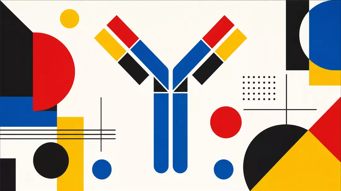 Bauhaus-Grafikposter: IgG-Antikörper als geometrisches Y-Symbol in Primärfarben Rot Blau Gelb Schwar