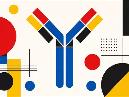 Argenx NL0010832176 IgG-Antikörper als Y-förmiges Bauhaus-Poster in roten blauen und gelben Primärfarben - Foto: THN
