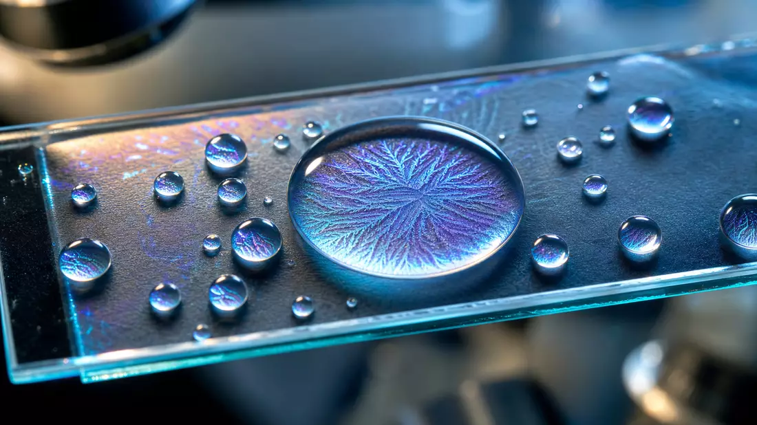 Extremmakro: Iridisierende blaue und violette Flüssigkeitstropfen auf einem Glasobjektträger, kristallscharfe Mitte mit weichem Bokeh, wissenschaftliche Abstraktion