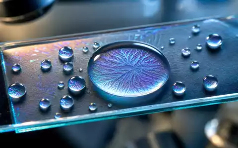 Argenx NL0010832176 Extremmakro zeigt irisierende Flüssigkeitstropfen auf einem wissenschaftlichen Glas-Objektträger unter Laborlicht - Foto: THN
