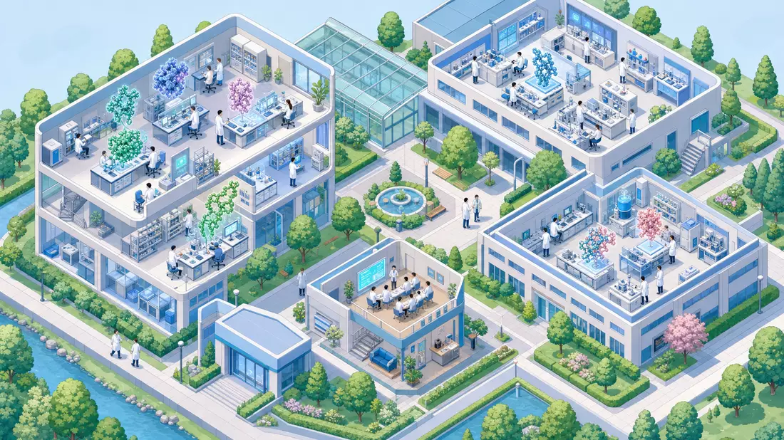 Isometrische 3D-Illustration eines Biotech-Campus, Schnittgebäude zeigen Labore mit Wissenschaftlern und schwebenden Proteinmodellen, Pastellblau-Grün-Weiß-Palette